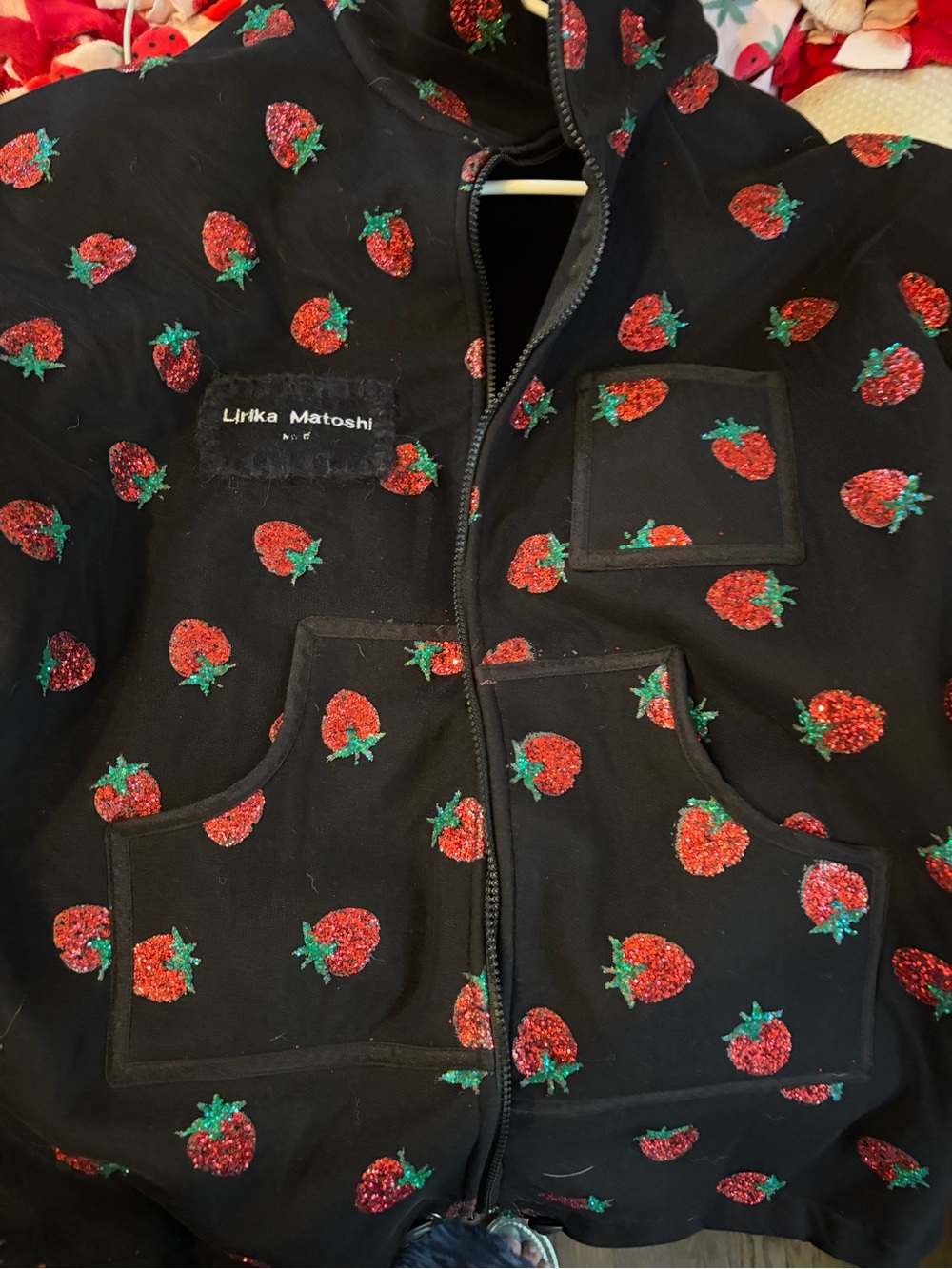 Lirika Matoshi  Black Jacket with Red Glitter Strawberries